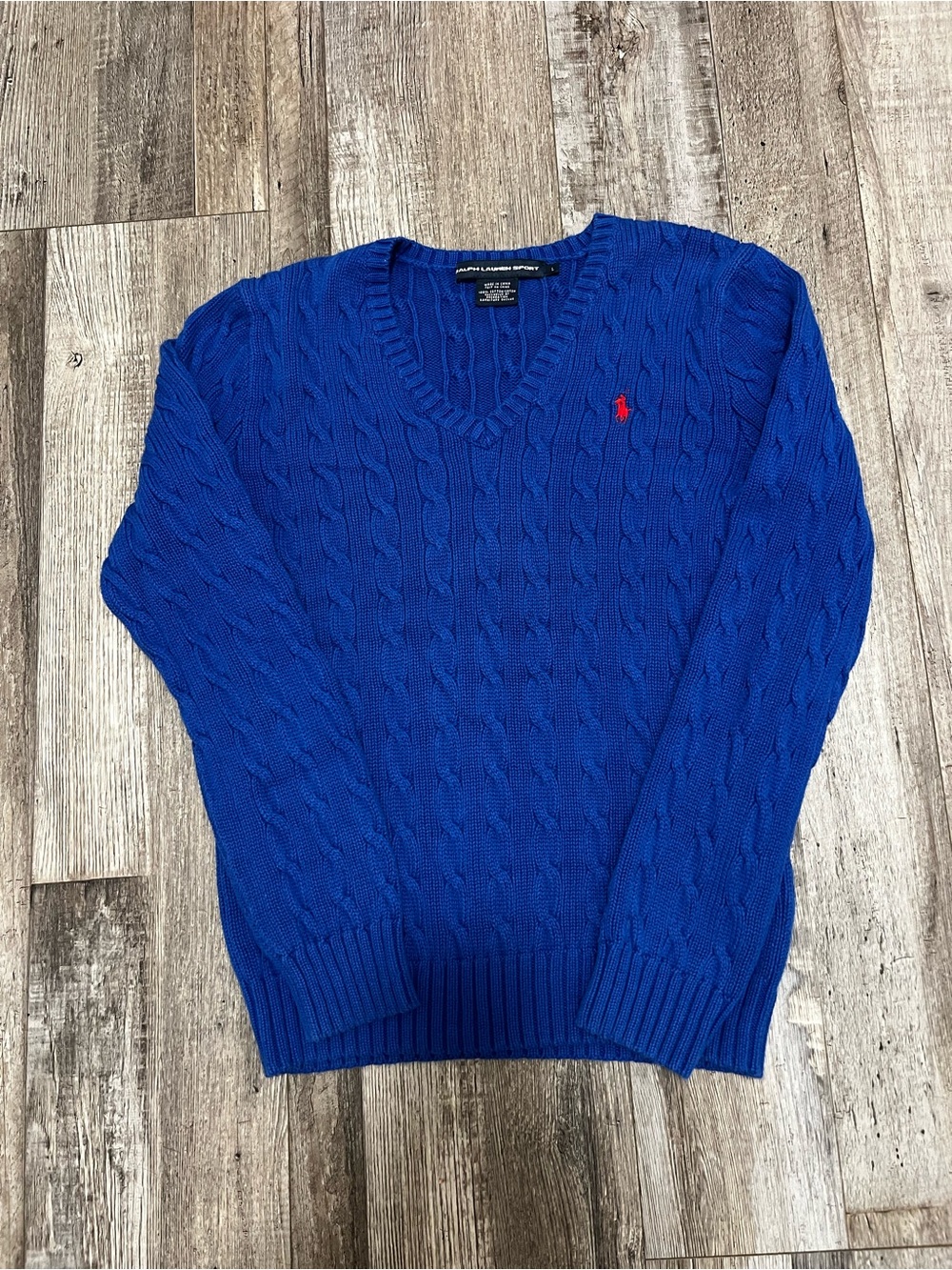 Ralph Lauren Sport Women’s Royal Blue Cable V-Neck with Red Pony 100%Cotton